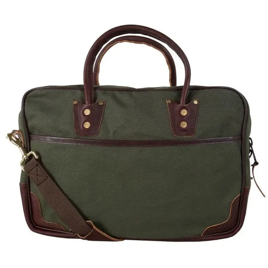 Freelance Briefcase In Olive Drab Green As Seen From The Back On A White Background