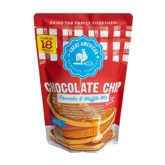 The Great American Pancake Co. Gourmet Chocolate Chip Pancake Mix with a white background