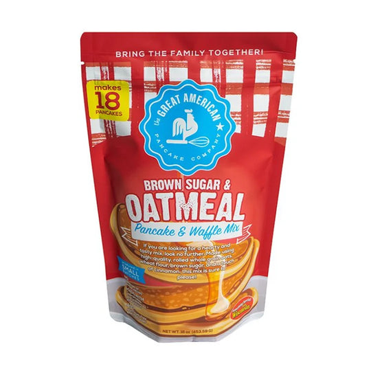 The Great American Pancake Co. Gourmet brown sugar and oatmeal Pancake Mix with a white background
