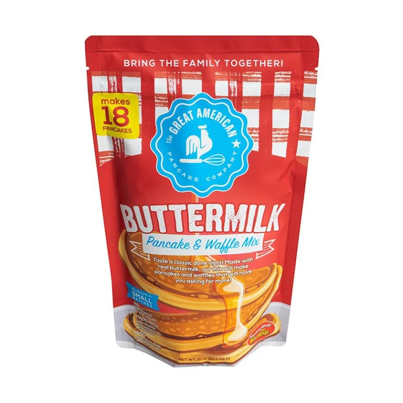 The Great American Pancake Co. Gourmet Buttermilk Pancake Mix with a white background