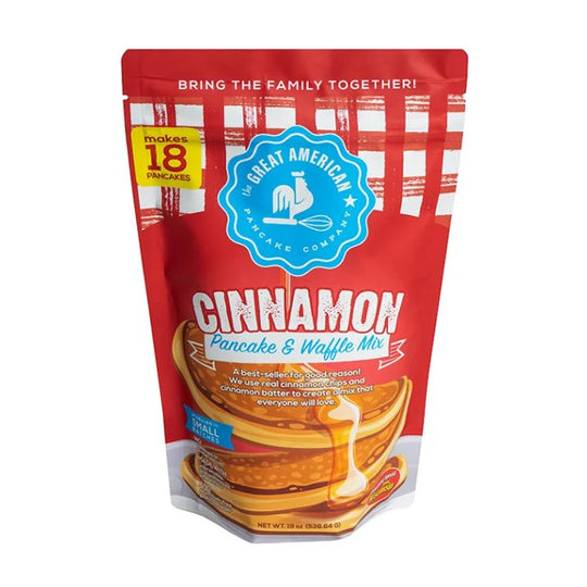 The Great American Pancake Co. Gourmet cinnamon Pancake Mix with a white background