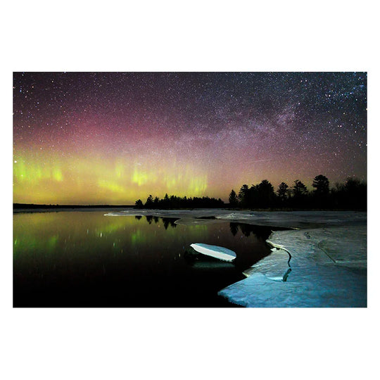 Postcard photo by Gavin Weiers of milky way northern lights and ice berg on Boulder Lake Minnesota