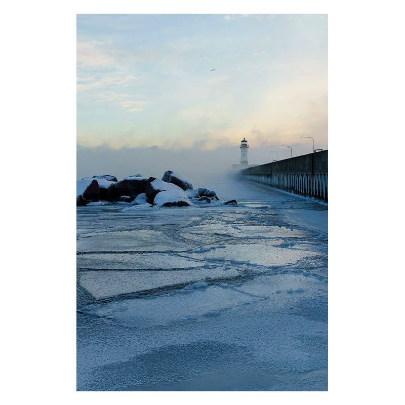 Postcard photo by Gavin Weiers of sea smoke in winter with lighthouse ice and bird