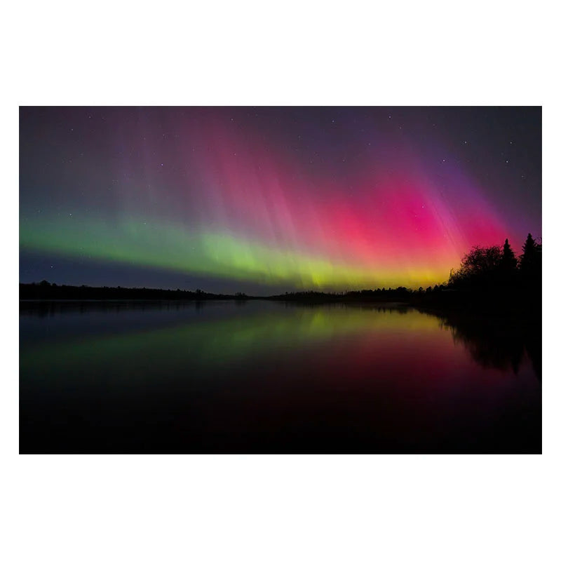 Postcard photo by Gavin Weiers of purple haze of northern lights on boulder lake Minnesota