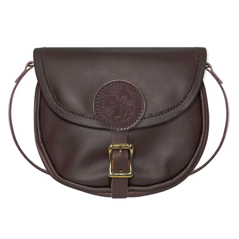 Small Leather Shell Purse in rich brown leather with antique brass buckle, handcrafted by Duluth Pack for rugged outdoor use and lasting quality.