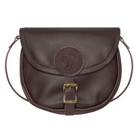Small Leather Shell Purse in rich brown leather with antique brass buckle, handcrafted by Duluth Pack for rugged outdoor use and lasting quality.
