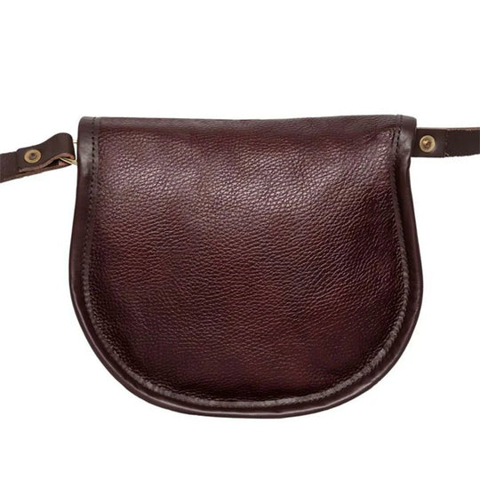 Small Leather Shell Purse in rich brown premium leather with adjustable strap and antique brass hardware, crafted by Duluth Pack for durable outdoor use.