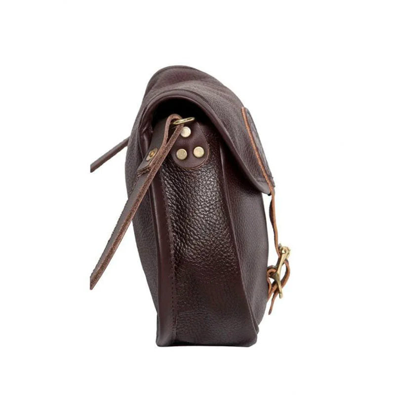 Small Leather Shell Purse in premium dark brown leather with antique brass hardware, showcasing durable handmade craftsmanship for outdoor use.