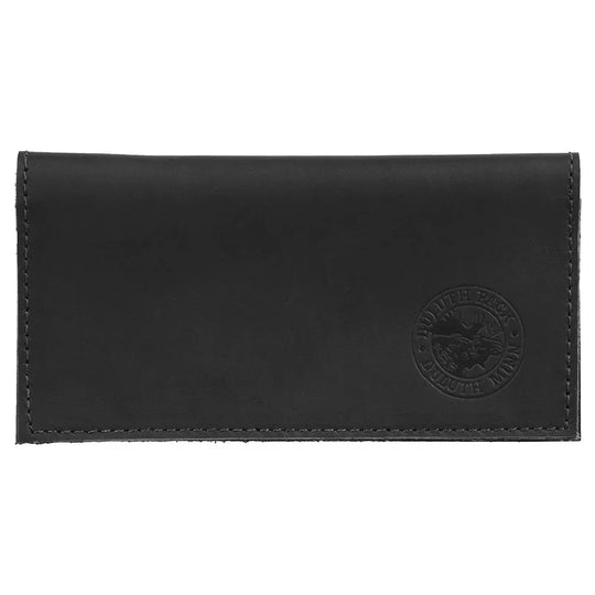 Leather Checkbook Cover in black premium leather with embossed logo, designed by Duluth Pack for durable, classic organization of checks and cards.
