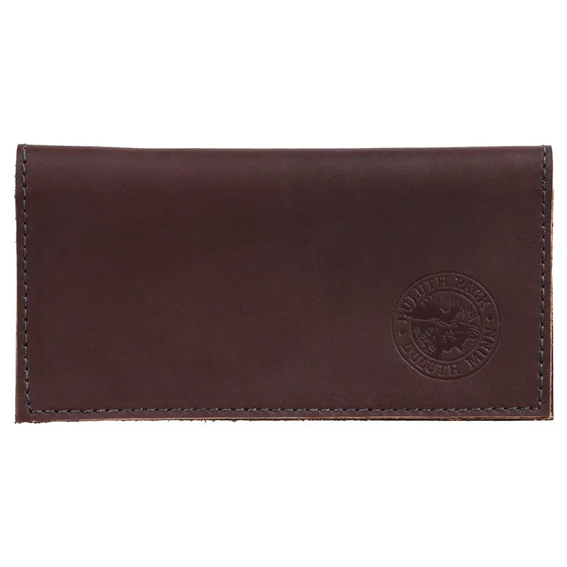 Leather Checkbook Cover in brown premium leather with embossed logo, designed for durability and organization, reflecting heritage craftsmanship by Duluth Pack.