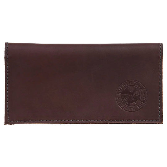 Leather Checkbook Cover in brown premium leather with embossed logo, designed for durability and organization, reflecting heritage craftsmanship by Duluth Pack.