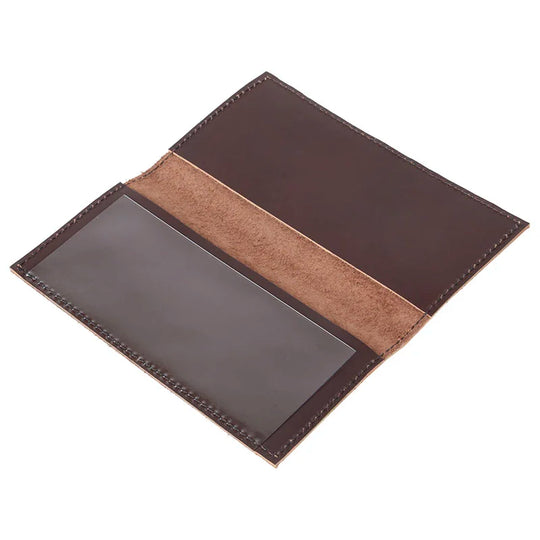 Leather Checkbook Cover in brown premium leather with embossed Duluth Pack logo, featuring an attached divider for organizing checks, showcasing rugged craftsmanship.