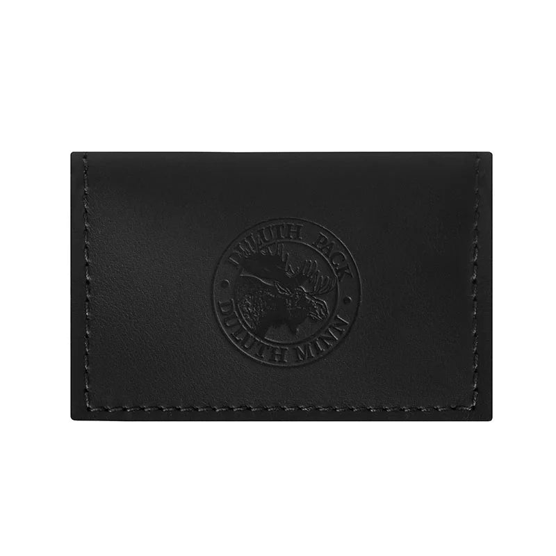 Business Card Holder in premium black leather with embossed Duluth Pack logo, showcasing durable craftsmanship from a heritage American outdoor brand.