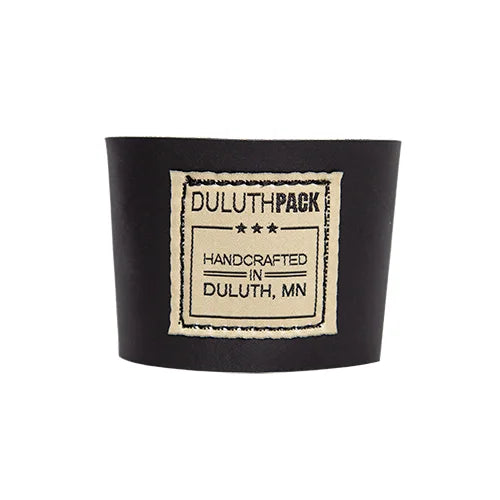 Leather Pint Glass Sleeve in black premium American leather with handcrafted Duluth Pack label, designed for durable outdoor use and comfortable grip.