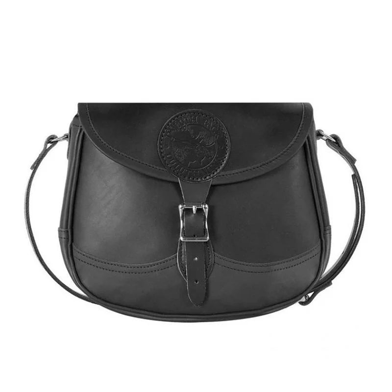 Medium Leather Shell Purse in black premium leather with adjustable strap and buckling closure, crafted for durability in outdoor settings by Duluth Pack.