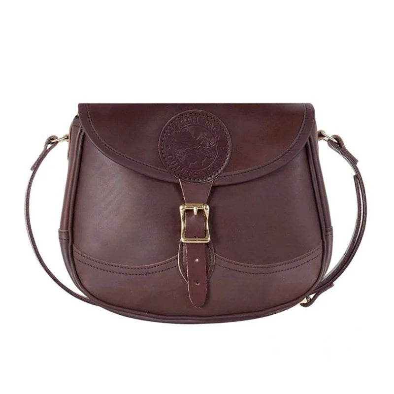 Medium Leather Shell Purse in rich brown premium leather with antique brass buckle, handcrafted for durable outdoor use by a heritage maker since 1882.