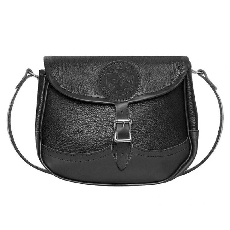 Medium Leather Shell Purse in black premium leather with adjustable strap and buckling closure, designed by Duluth Pack for durable outdoor use.