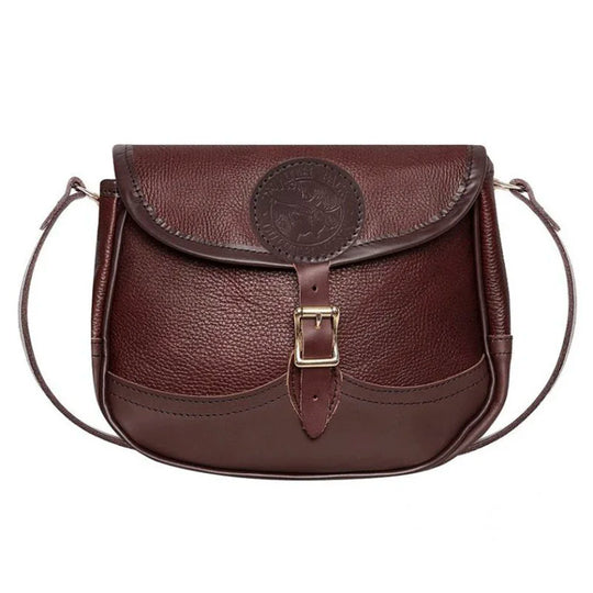 Medium Leather Shell Purse in rich brown premium leather with adjustable strap and antique brass buckle, crafted by Duluth Pack for durable outdoor use.
