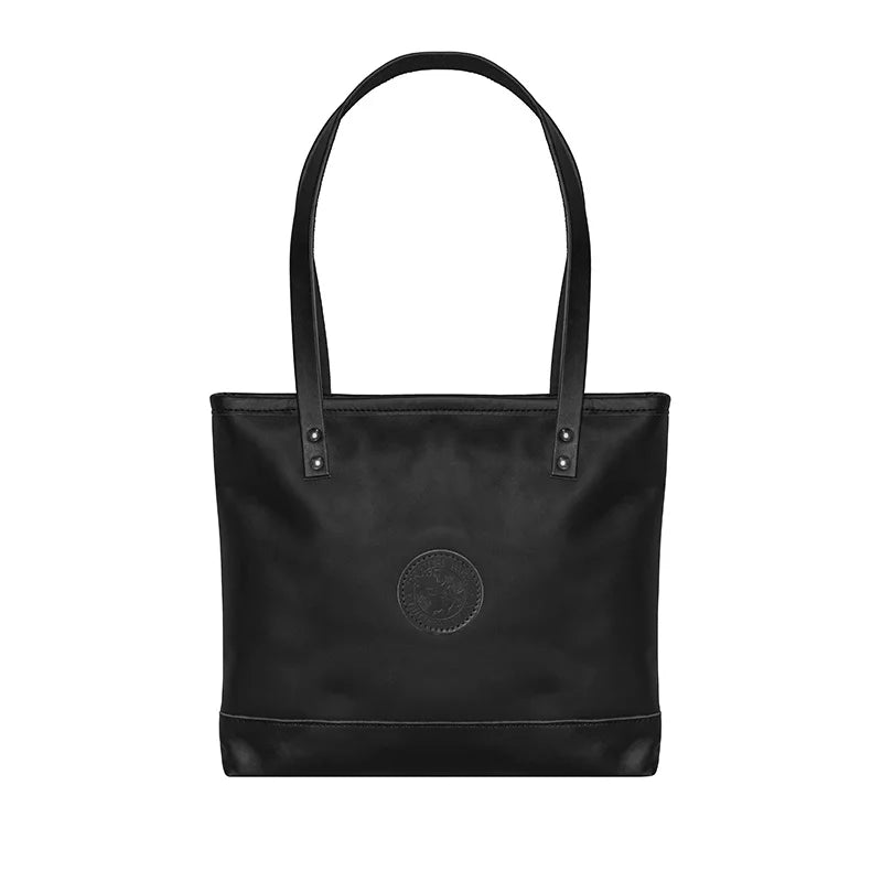 Leather Lakewalk Tote in black premium leather with riveted handles, crafted by Duluth Pack for durable everyday and outdoor use.