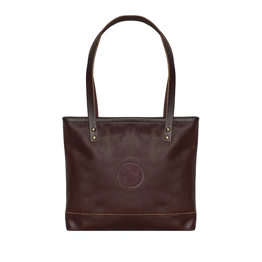Leather Lakewalk Tote in rich brown leather with riveted handles, showcasing durable craftsmanship ideal for everyday use and outdoor adventures.