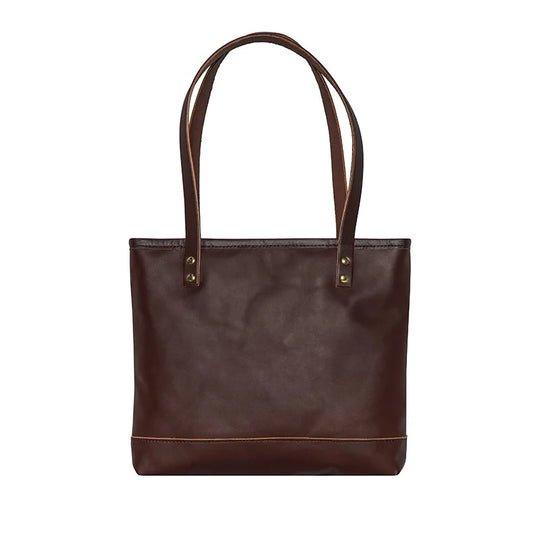 Leather Lakewalk Tote in rich brown leather with riveted handles, designed by Duluth Pack for durable, versatile everyday and outdoor use.
