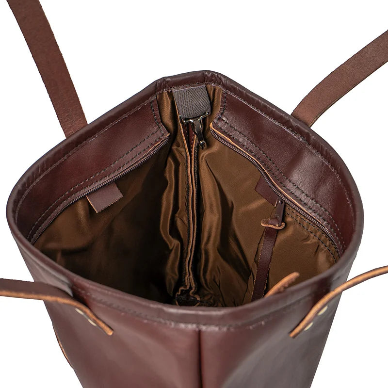 Leather Lakewalk Tote in rich brown leather showing spacious interior with zip pocket and key clip, crafted for durable everyday use.