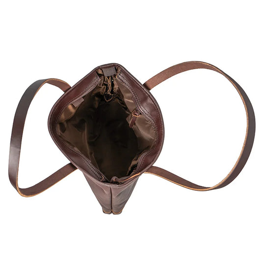 Leather Lakewalk Tote in rich brown leather showing spacious interior with key clip, durable riveted handles, designed for versatile daily use by Duluth Pack.