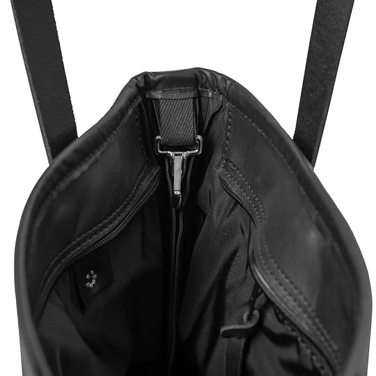 Superior Series Leather Lakewalk Tote in black leather showing durable riveted handles and internal clip for keys, designed for rugged outdoor use.