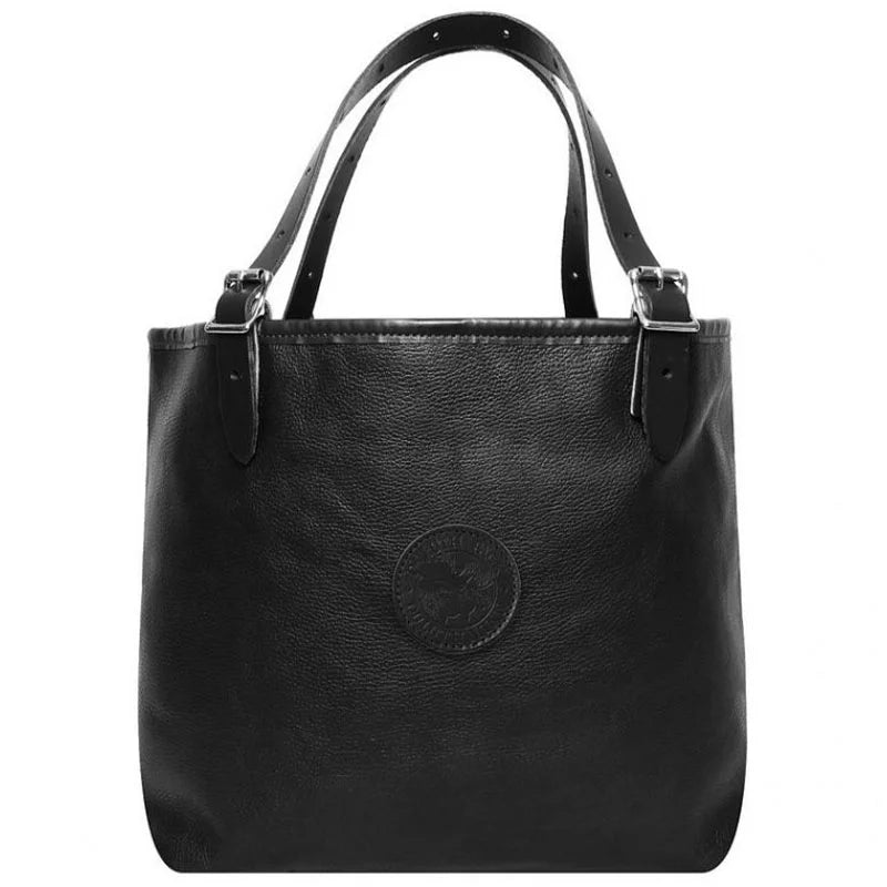 Leather Market Tote in black premium U.S.A leather with adjustable roller buckle handles, perfect for durable everyday use and outdoor heritage style by Duluth Pack.