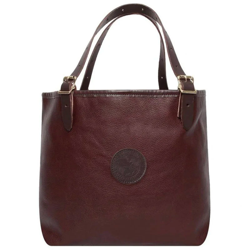 Leather Market Tote in rich premium USA leather with adjustable roller buckle handles, showcasing timeless craftsmanship for versatile everyday or outdoor use.