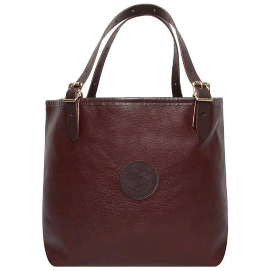 Leather Market Tote in rich premium USA leather with adjustable roller buckle handles, showcasing timeless craftsmanship for versatile everyday or outdoor use.