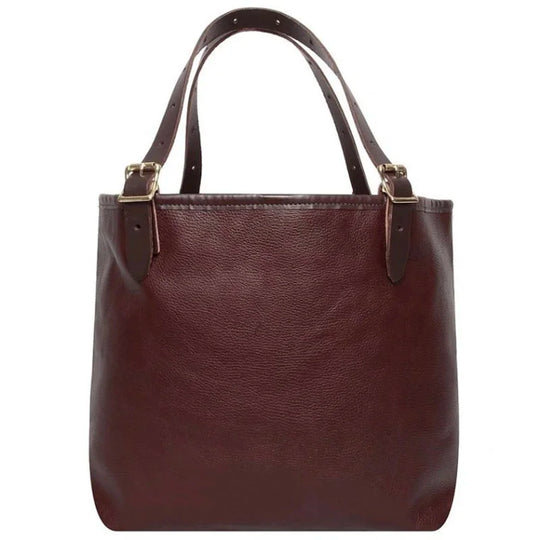 Leather Market Tote in rich brown premium U.S.A leather with adjustable roller buckle handles, showcasing handmade craftsmanship for durable everyday use.