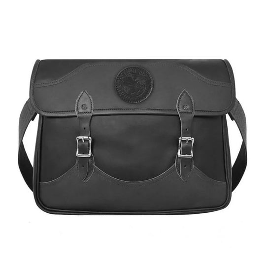Leather Book Bag in black premium hand-cut leather with dual buckle straps and adjustable cotton shoulder webbing, designed for rugged outdoor use.