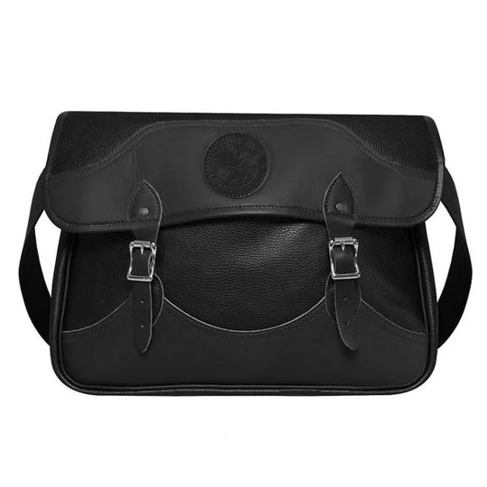 Leather Book Bag in black thick premium leather with silver buckle closures and adjustable shoulder strap, designed for rugged outdoor use and lasting style.