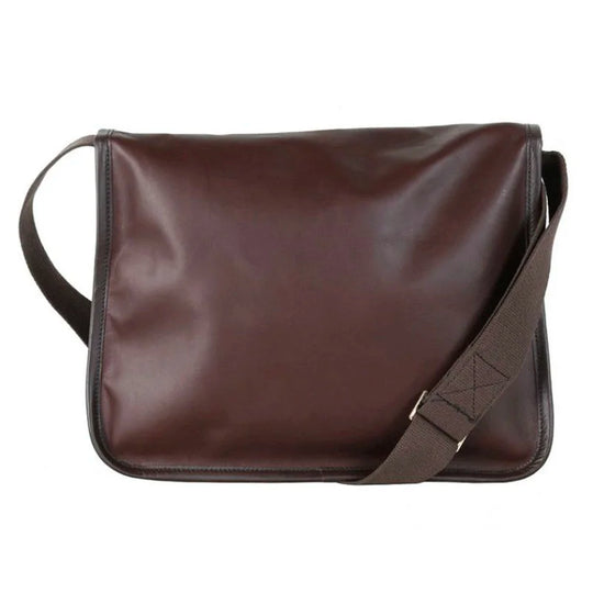 Leather Book Bag in rich brown leather with comfortable cotton web shoulder strap, handcrafted for durability and style by Duluth Pack, perfect for daily use.