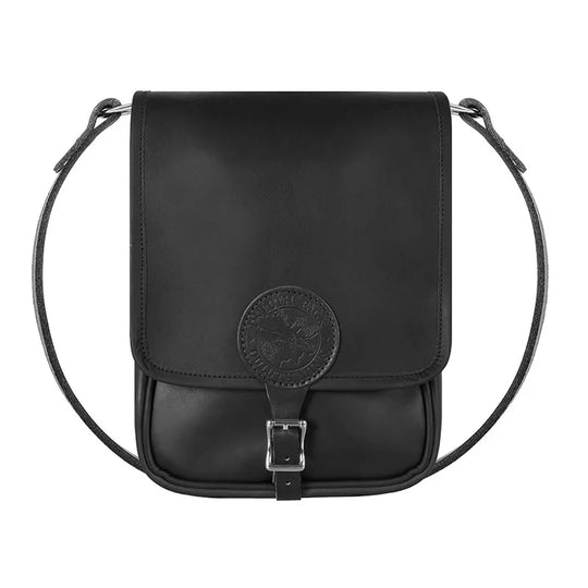 Leather Haversack in black premium leather with buckle closure, designed by Duluth Pack for durable, handcrafted outdoor use and rugged style.