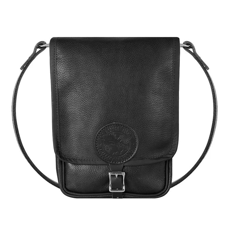 Leather Haversack in premium pebbled black leather with buckled flap strap, designed by Duluth Pack for rugged outdoor use and durability.