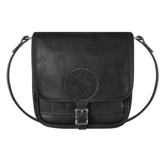 Leather Mini Haversack in premium black American cowhide leather with buckle closure, crafted by Duluth Pack for durable outdoor use and everyday rugged style.