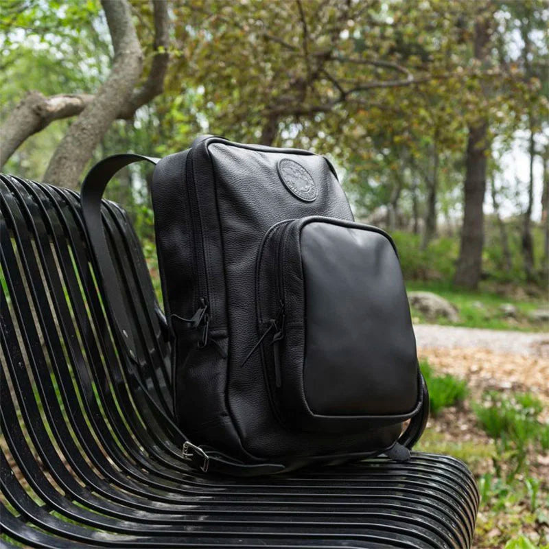 Leather Large Standard Backpack Sitting on Park Bench