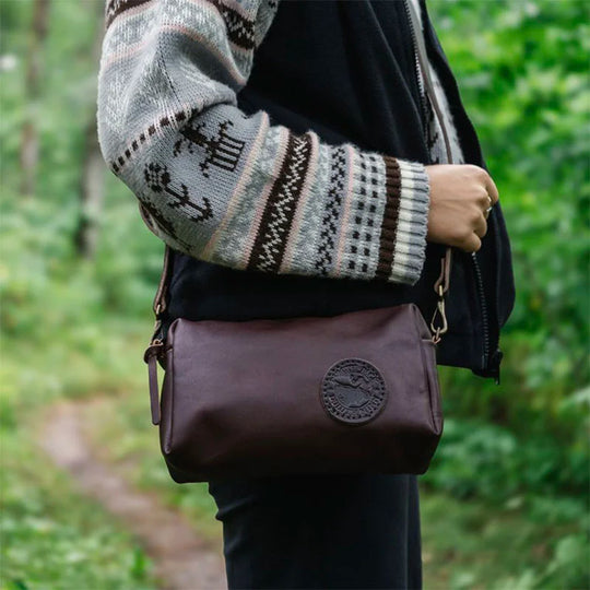 Leather Riverwalk Purse in Brown on Model on Hiking Trail