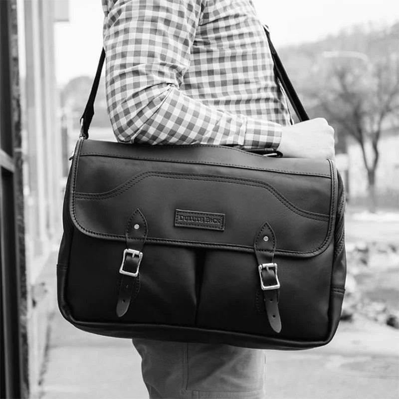 Superior Series Leather Entrepreneur Briefcase on Model on Sidewalk Black and White