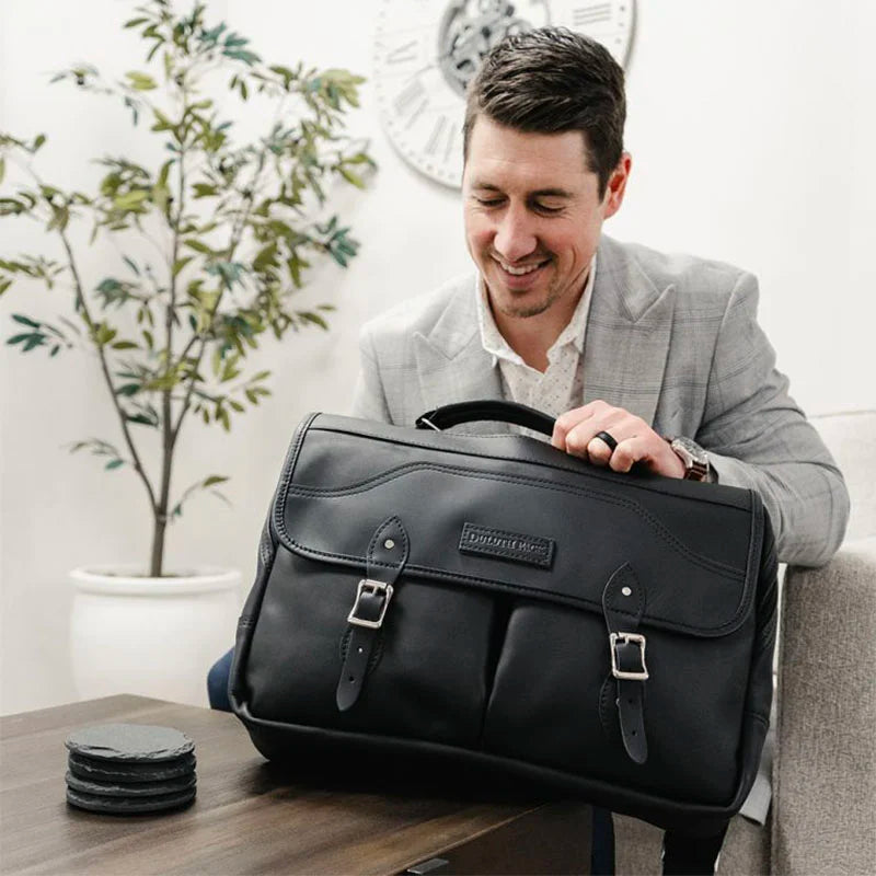 Superior Series Leather Entrepreneur Briefcase with Man Smiling at Bag