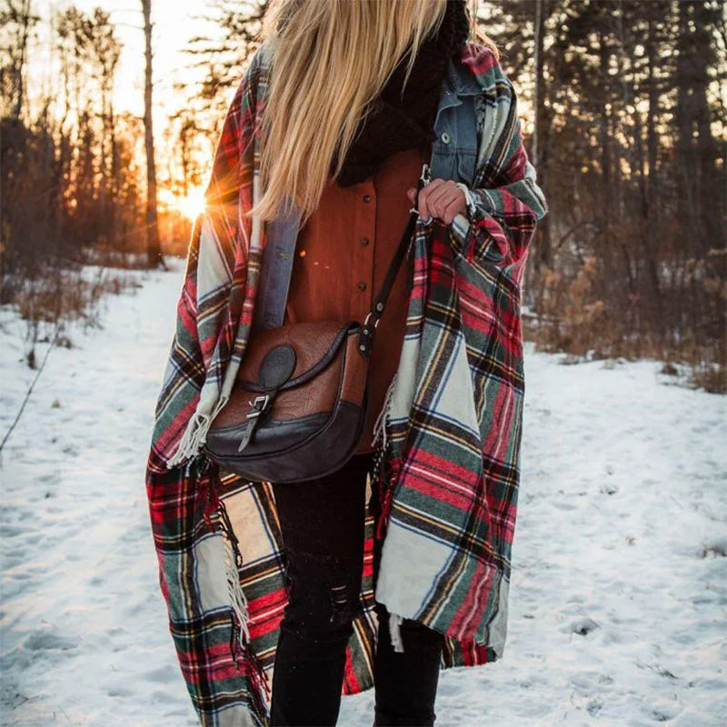 Bison Leather Medium Shell Purse on Woman Wearing Blanket
