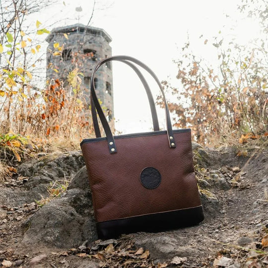Bison Leather Lakewalk Tote on Trail with Tower in Background