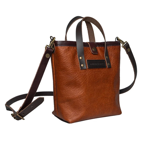 Bison Leather Honeyberry Tote side with strap