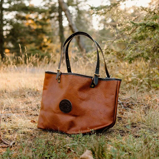 Bison Leather Market Tote on Grass in Golden Hour