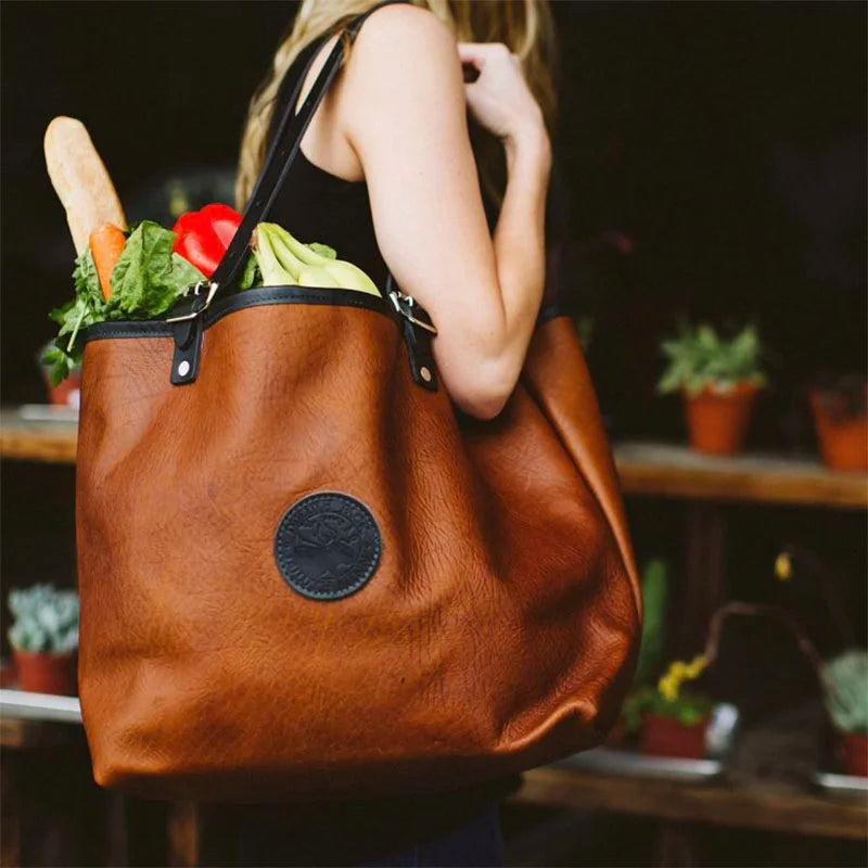 Bison Leather Market Tote with Food on Model