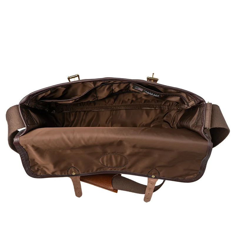 Bison Leather Book Bag in Brown Trim Open with Pockets
