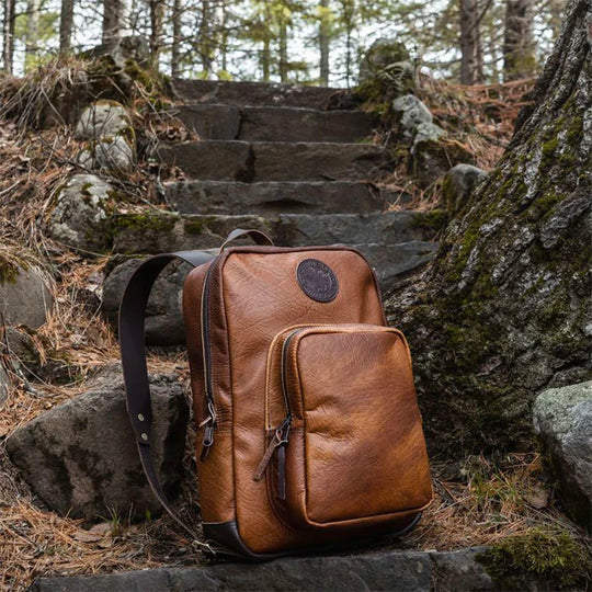 Bison Leather Large Standard Backpack on Stone Stairs