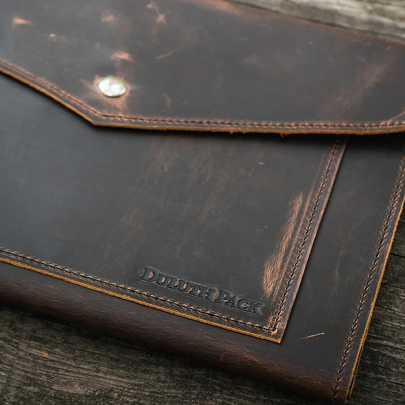 Heritage Leather Business Portfolio close up lifestyle with a wood background